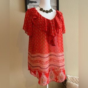 CATO Women’s Red Geometric Lightweight Ruffled Blouse/Tunic - Size L